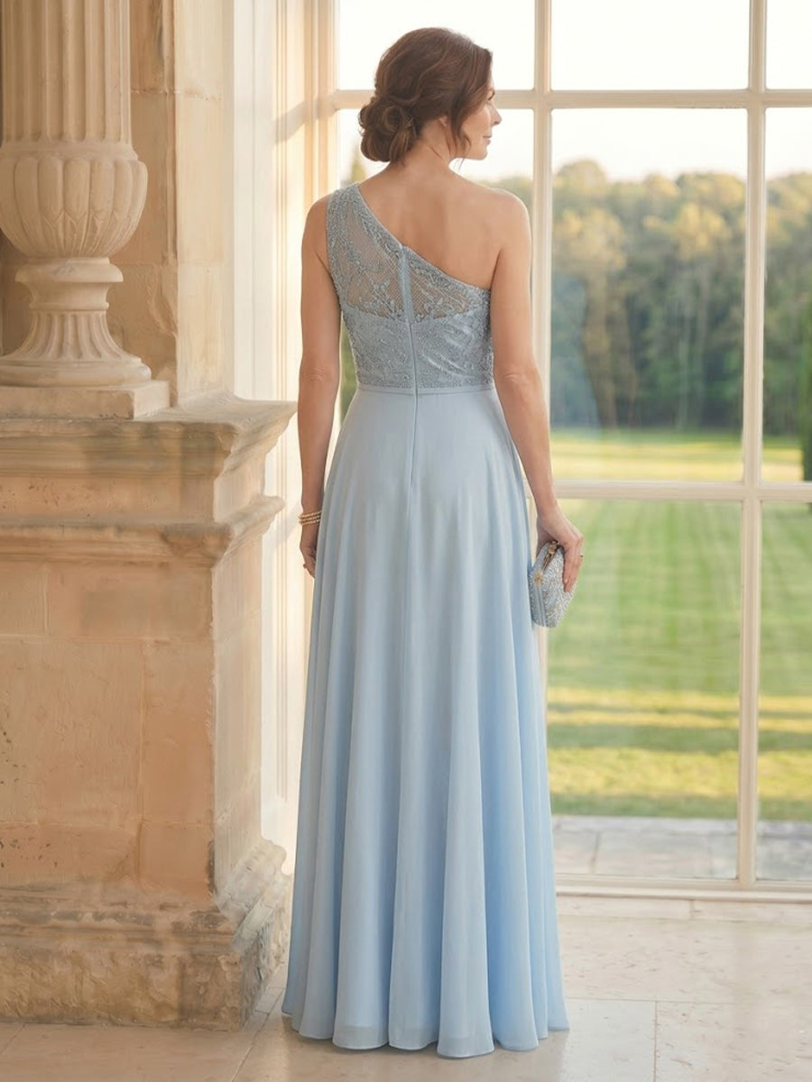 Chiffon A Line One Shoulder Long Mother of the Bride Dresses with Lace
