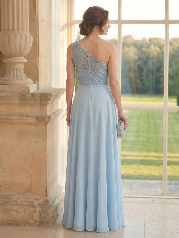 Chiffon A Line One Shoulder Long Mother of the Bride Dresses with Lace