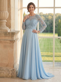 Chiffon A Line Long Sleeves Long Mother of the Bride Dresses with Lace