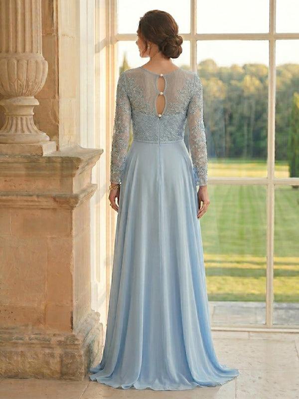Chiffon A Line Long Sleeves Long Mother of the Bride Dresses with Lace
