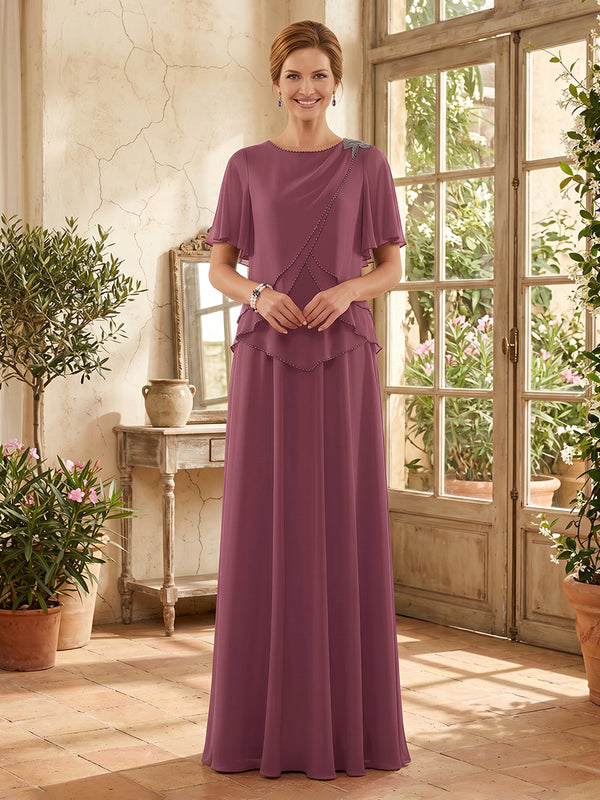 Chiffon A Line Short Sleeves Long Mother of the Bride Dresses