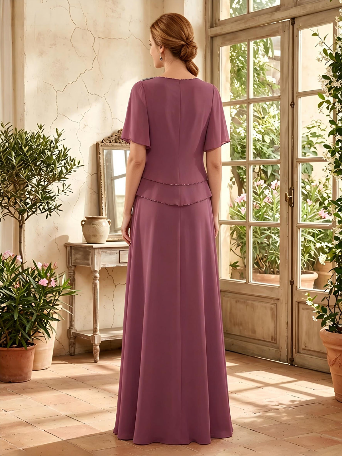 Chiffon A Line Short Sleeves Long Mother of the Bride Dresses