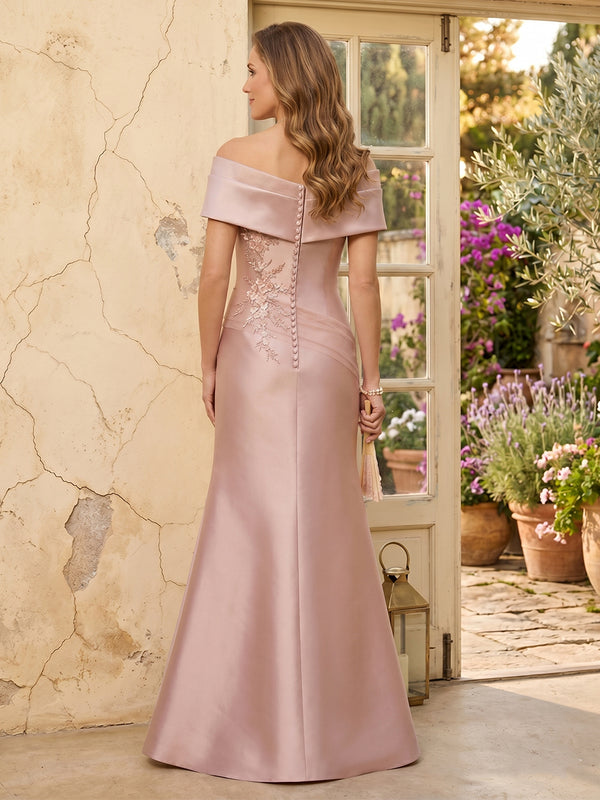 Satin Mermaid Off Shoulder Long Mother of the Bride Dresses with Lace