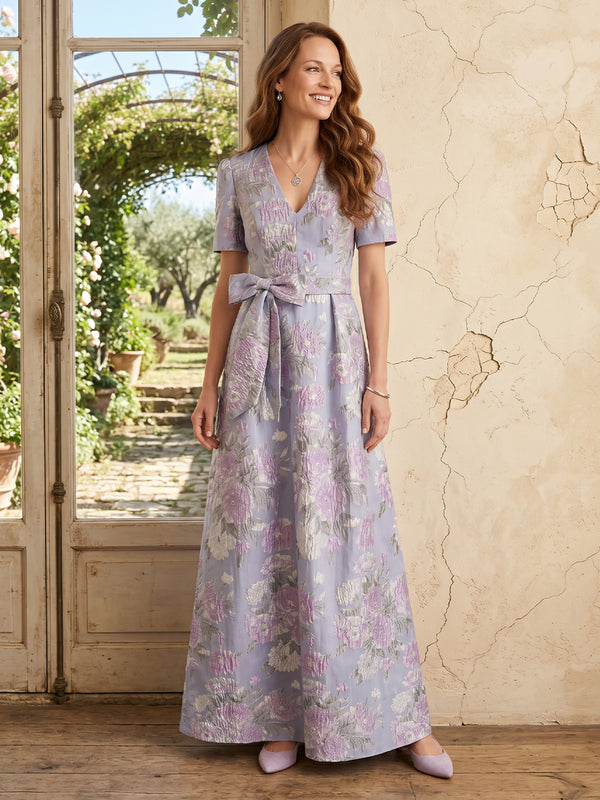 Jacquard A Line V Neck Short Sleeves Long Mother of the Bride Dresses with Bow