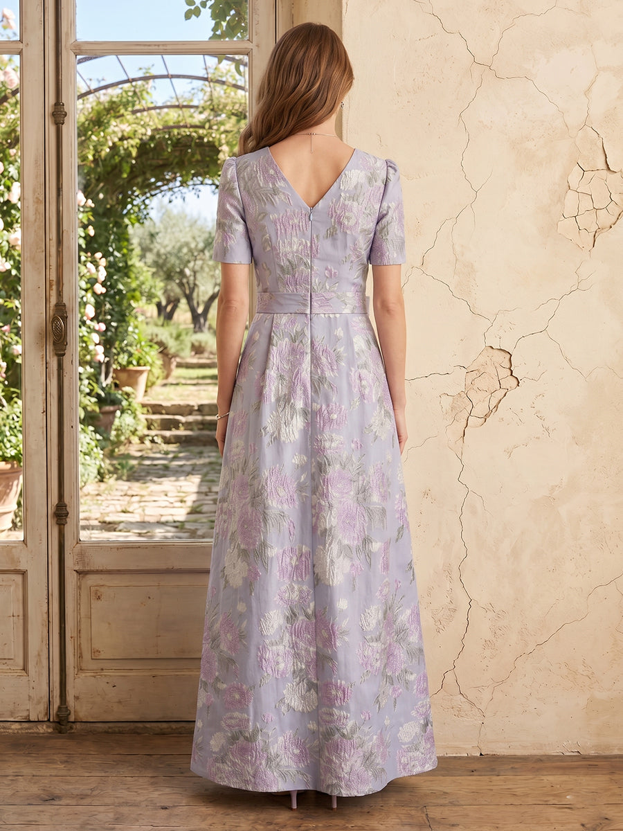 Jacquard A Line V Neck Short Sleeves Long Mother of the Bride Dresses with Bow