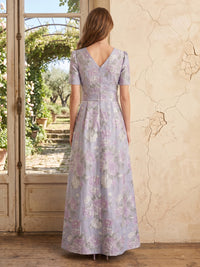 Jacquard A Line V Neck Short Sleeves Long Mother of the Bride Dresses with Bow