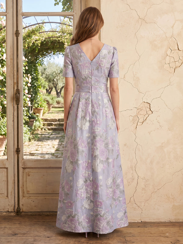 Jacquard A Line V Neck Short Sleeves Long Mother of the Bride Dresses with Bow