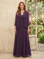 Chiffon A Line 3/4 Sleeves 2 Piece Long Mother of the Bride Dresses with Beadings