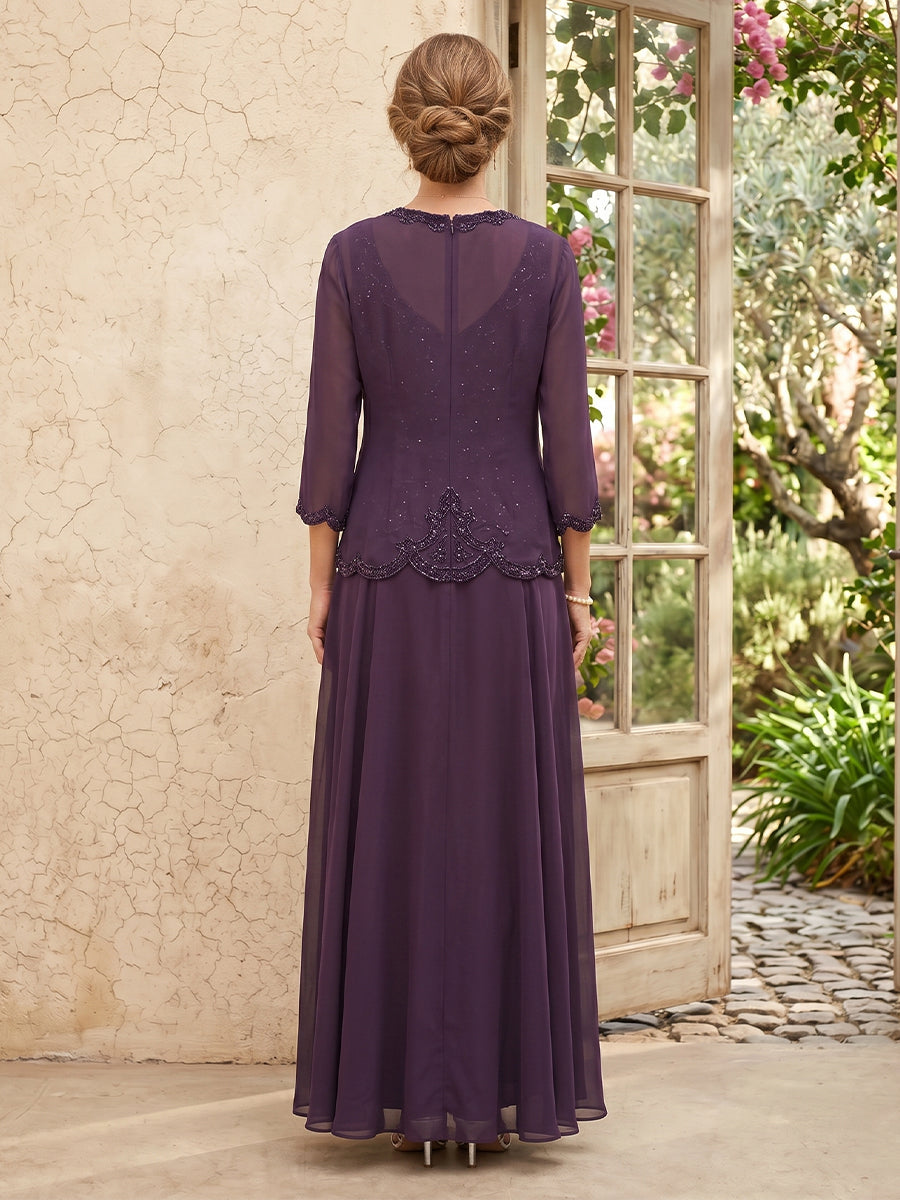 Chiffon A Line 3/4 Sleeves 2 Piece Long Mother of the Bride Dresses with Beadings