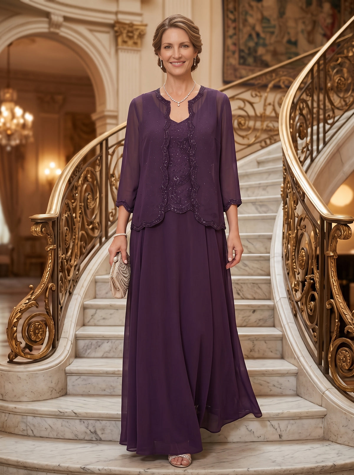 Chiffon A Line 3/4 Sleeves 2 Piece Long Mother of the Bride Dresses with Beadings