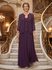 Chiffon A Line 3/4 Sleeves 2 Piece Long Mother of the Bride Dresses with Beadings