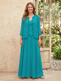 Chiffon A Line 3/4 Sleeves 2 Piece Long Mother of the Bride Dresses with Beadings