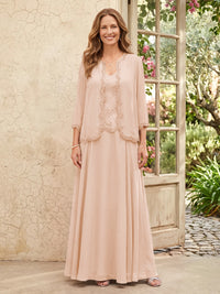 Chiffon A Line 3/4 Sleeves 2 Piece Long Mother of the Bride Dresses with Beadings