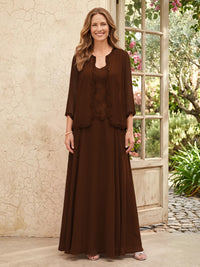 Chiffon A Line 3/4 Sleeves 2 Piece Long Mother of the Bride Dresses with Beadings