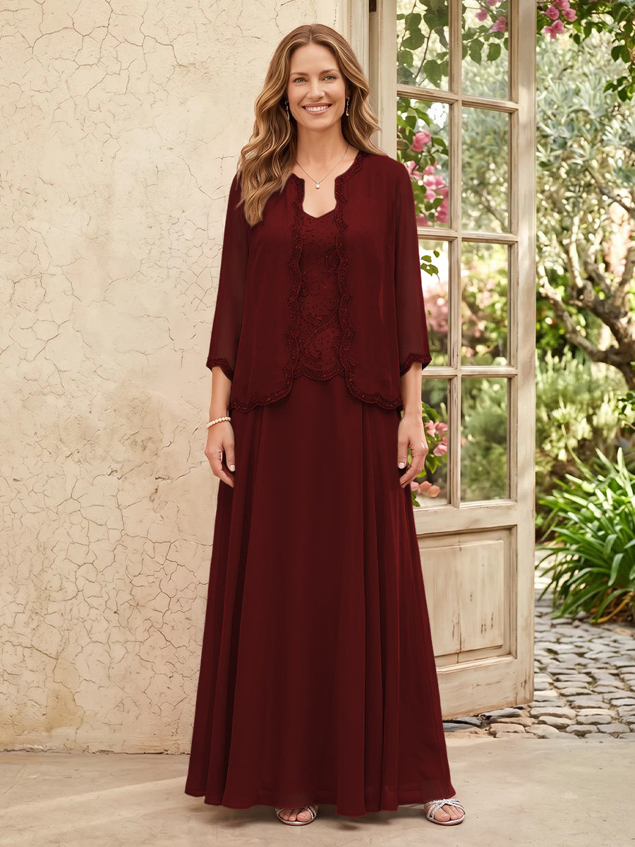 Chiffon A Line 3/4 Sleeves 2 Piece Long Mother of the Bride Dresses with Beadings