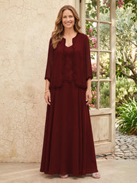 Chiffon A Line 3/4 Sleeves 2 Piece Long Mother of the Bride Dresses with Beadings