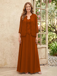 Chiffon A Line 3/4 Sleeves 2 Piece Long Mother of the Bride Dresses with Beadings