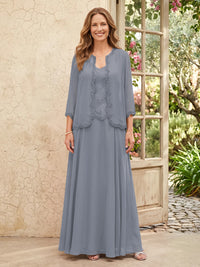Chiffon A Line 3/4 Sleeves 2 Piece Long Mother of the Bride Dresses with Beadings