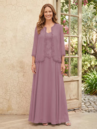 Chiffon A Line 3/4 Sleeves 2 Piece Long Mother of the Bride Dresses with Beadings