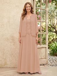 Chiffon A Line 3/4 Sleeves 2 Piece Long Mother of the Bride Dresses with Beadings