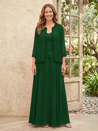 Chiffon A Line 3/4 Sleeves 2 Piece Long Mother of the Bride Dresses with Beadings
