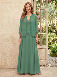 Chiffon A Line 3/4 Sleeves 2 Piece Long Mother of the Bride Dresses with Beadings