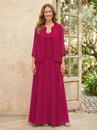Chiffon A Line 3/4 Sleeves 2 Piece Long Mother of the Bride Dresses with Beadings
