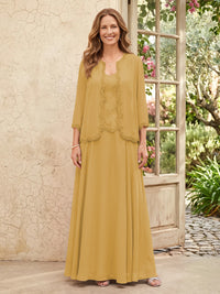 Chiffon A Line 3/4 Sleeves 2 Piece Long Mother of the Bride Dresses with Beadings