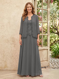 Chiffon A Line 3/4 Sleeves 2 Piece Long Mother of the Bride Dresses with Beadings