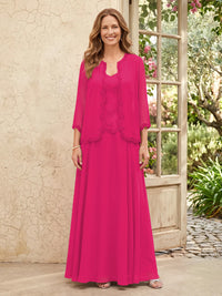 Chiffon A Line 3/4 Sleeves 2 Piece Long Mother of the Bride Dresses with Beadings