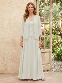 Chiffon A Line 3/4 Sleeves 2 Piece Long Mother of the Bride Dresses with Beadings