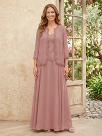 Chiffon A Line 3/4 Sleeves 2 Piece Long Mother of the Bride Dresses with Beadings
