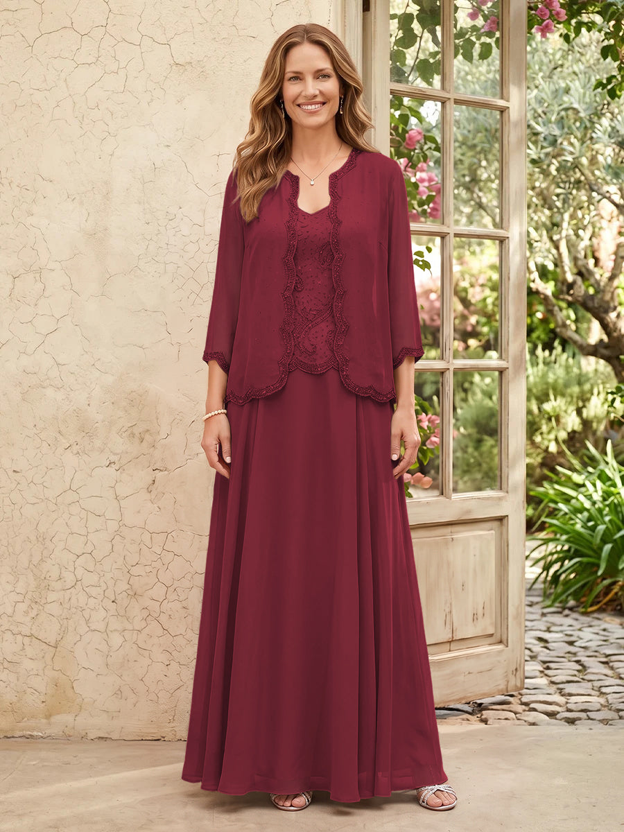 Chiffon A Line 3/4 Sleeves 2 Piece Long Mother of the Bride Dresses with Beadings