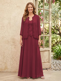 Chiffon A Line 3/4 Sleeves 2 Piece Long Mother of the Bride Dresses with Beadings