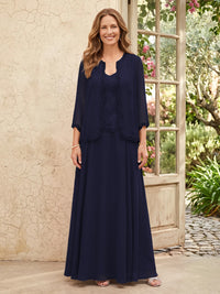 Chiffon A Line 3/4 Sleeves 2 Piece Long Mother of the Bride Dresses with Beadings