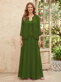 Chiffon A Line 3/4 Sleeves 2 Piece Long Mother of the Bride Dresses with Beadings