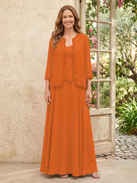 Chiffon A Line 3/4 Sleeves 2 Piece Long Mother of the Bride Dresses with Beadings