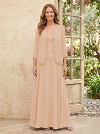 Chiffon A Line 3/4 Sleeves 2 Piece Long Mother of the Bride Dresses with Beadings