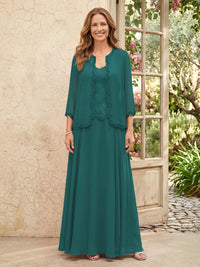 Chiffon A Line 3/4 Sleeves 2 Piece Long Mother of the Bride Dresses with Beadings
