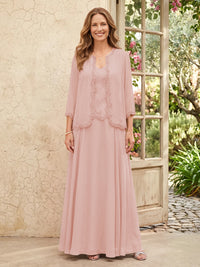 Chiffon A Line 3/4 Sleeves 2 Piece Long Mother of the Bride Dresses with Beadings