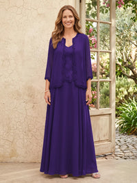 Chiffon A Line 3/4 Sleeves 2 Piece Long Mother of the Bride Dresses with Beadings