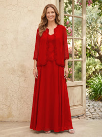Chiffon A Line 3/4 Sleeves 2 Piece Long Mother of the Bride Dresses with Beadings
