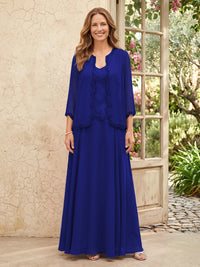 Chiffon A Line 3/4 Sleeves 2 Piece Long Mother of the Bride Dresses with Beadings