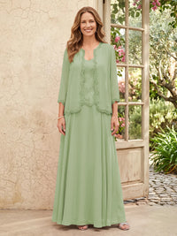 Chiffon A Line 3/4 Sleeves 2 Piece Long Mother of the Bride Dresses with Beadings