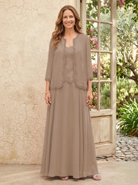 Chiffon A Line 3/4 Sleeves 2 Piece Long Mother of the Bride Dresses with Beadings
