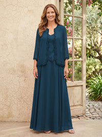 Chiffon A Line 3/4 Sleeves 2 Piece Long Mother of the Bride Dresses with Beadings
