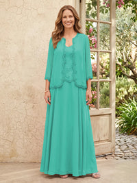 Chiffon A Line 3/4 Sleeves 2 Piece Long Mother of the Bride Dresses with Beadings
