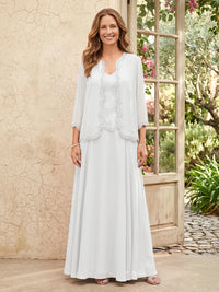 Chiffon A Line 3/4 Sleeves 2 Piece Long Mother of the Bride Dresses with Beadings