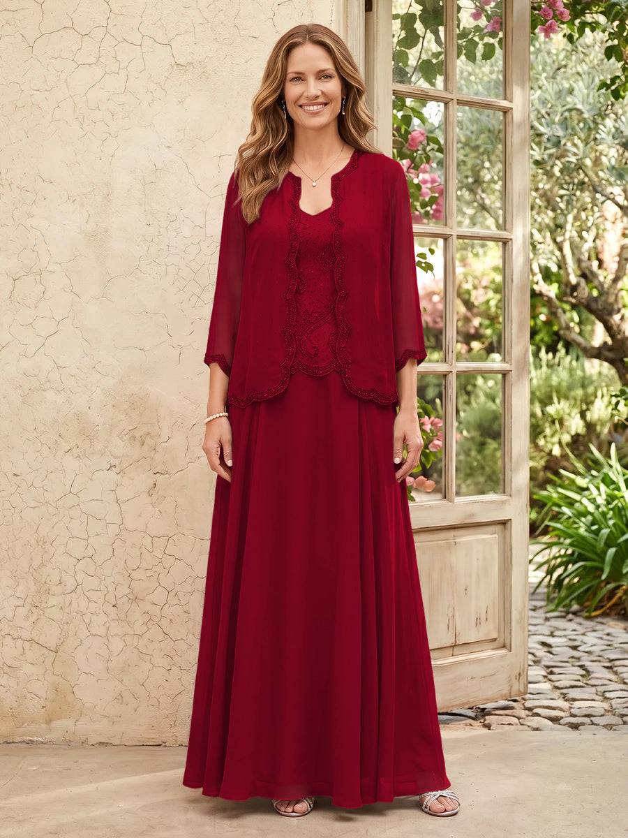Chiffon A Line 3/4 Sleeves 2 Piece Long Mother of the Bride Dresses with Beadings