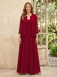 Chiffon A Line 3/4 Sleeves 2 Piece Long Mother of the Bride Dresses with Beadings